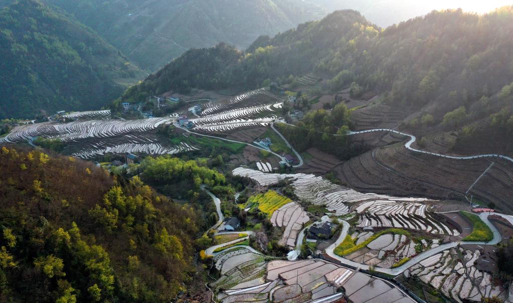 陕西岚皋：水润古梯田 满山镶银链